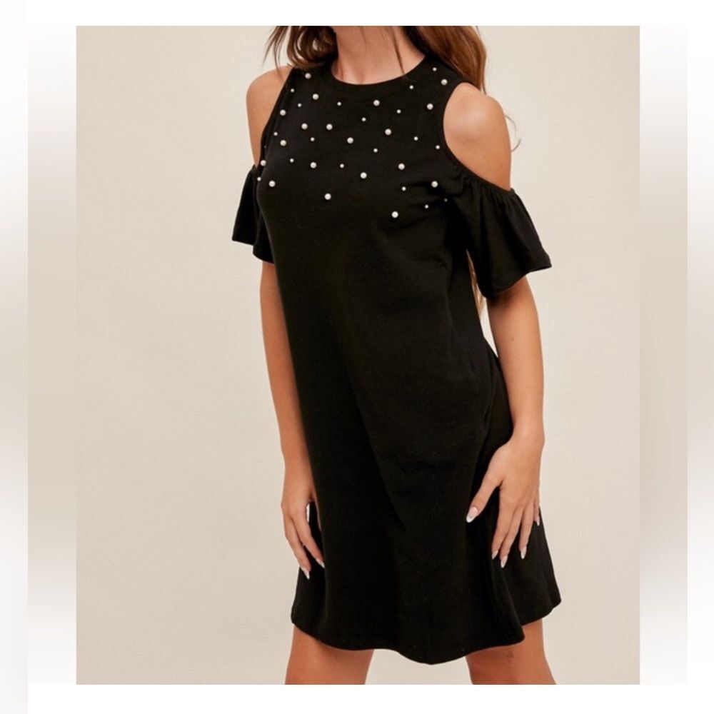 NWT Hem & Thread Black Cold Shoulder Pearl-Studded Dress - Picture 1 of 8